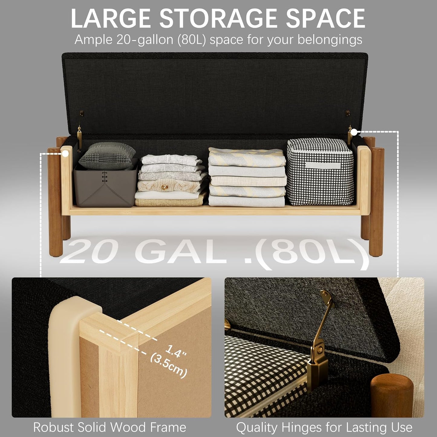 Modern Storage Benches with Walnut Wood Legs, 47'' Ottoman Bench with 20 Gallons Storage Space for Bedroom End of Bed, Fabric Upholstered Entryway Bench with Seating for Livingroom, Black