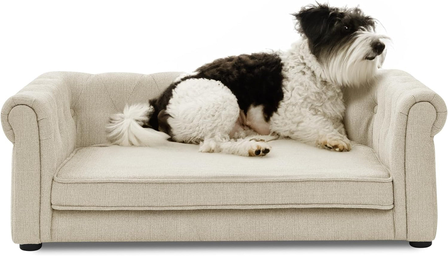 Dog Sofa Couch for Medium Dogs, 39" Memory Foam Pet Couch with Washable Fabric Removable Cushion, Sofa Bed for Medium Dogs, Beige Grey