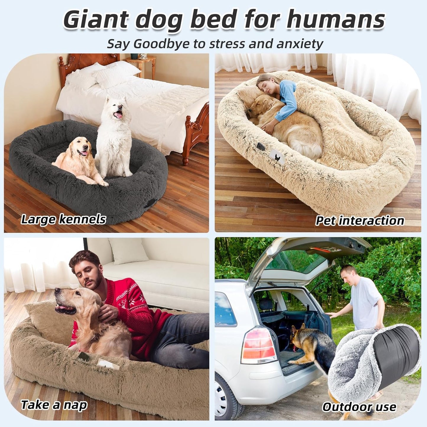 Human Dog Bed, 71''x45''x12'' Size Fits You and Pets, Washable Faux Fur Pet Bed for People Doze Off, Napping Orthopedic Dog Bed, Present Plump Pillow, Blanket, Strap - Beige