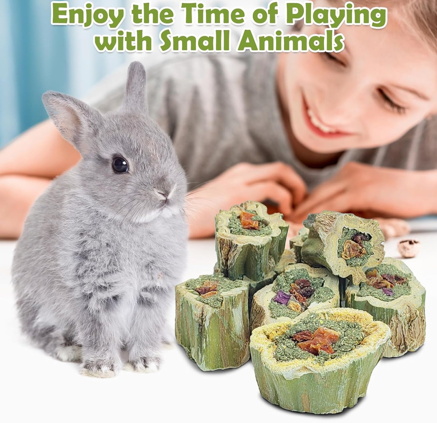 Fhiny Rabbit Chew Toys Natural Baked Papaya Wood Bunny Molar Treats Contain Alfalfa Grass Apple Carrot and Purple Sweet Potato Filling for Hamsters Guinea Pigs Chinchillas Teeth Grinding(0.22 lb)