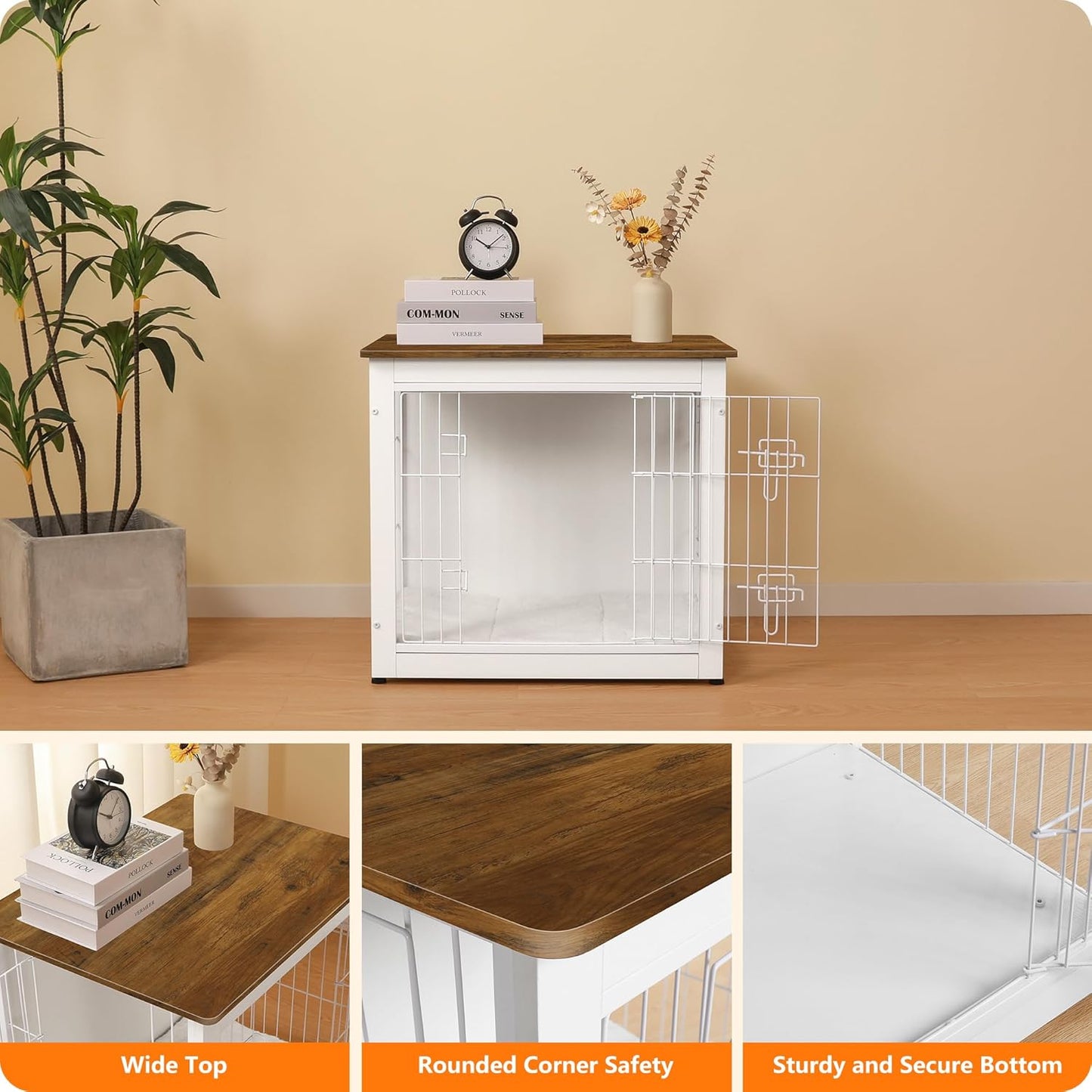 DWANTON Dog Crate Furniture with Cushion, Wooden Kennel Table with Double Doors, Indoor Dog House, Small/Medium/Large Size, 27.2" L, White+Warm Brown