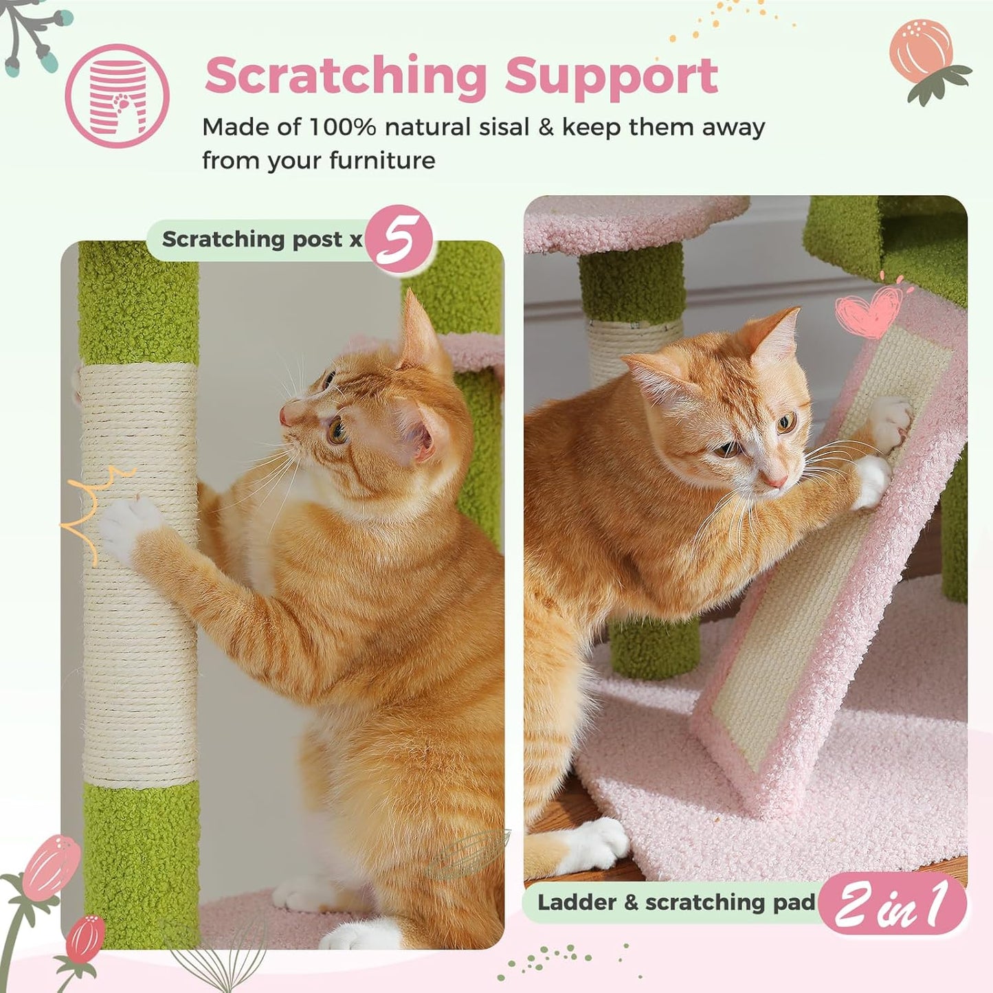 PEQULTI Tall Cat Tree Floor to Ceiling Cat Tower Adjustable Height (90.5''-100.4'' = 230cm-252cm) with Cat Condo, Cozy Hammock and Scratching Post, Pink Flower Climbing Tree for Indoor Cats, Pink
