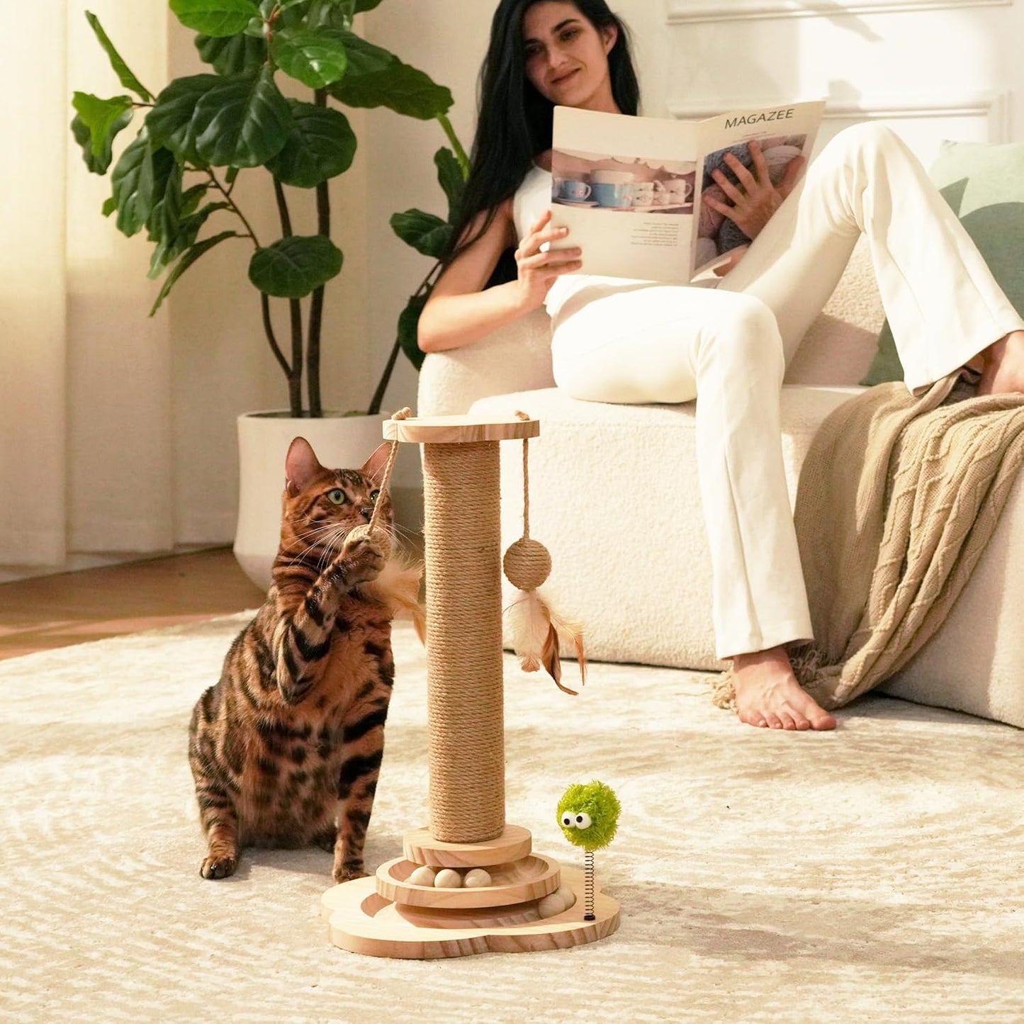 TINYBEAST Wooden Cat Scratching Post fot Kittens, 4 in 1 Cat Scratcher Toy with Cat Ball Tracks, 18" Tall Sisal Scratch Post for Indoor Kittens, Interactive Feather Toy and 2 Sisal Hanging Balls