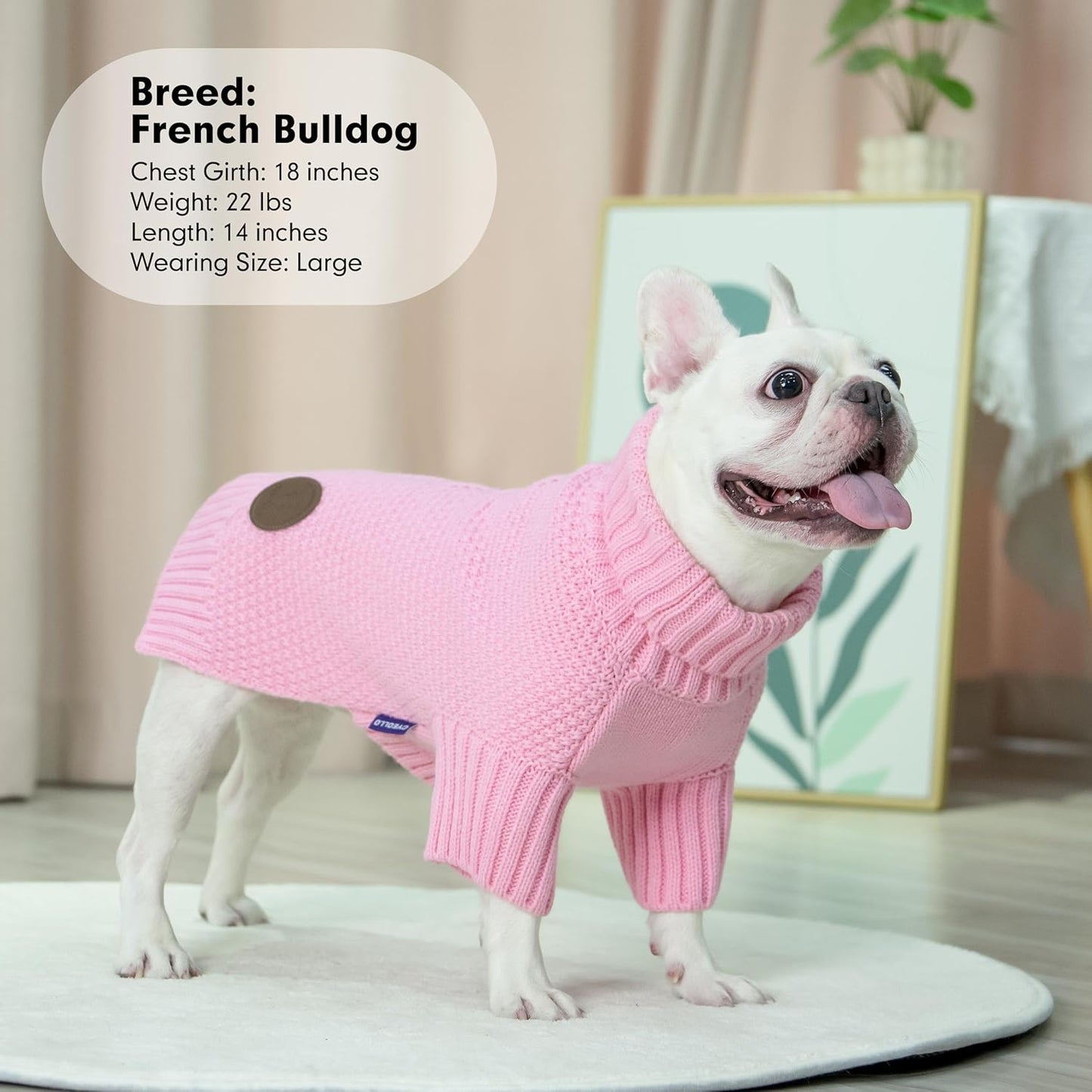 cyeollo Dog Sweater Warm Turtleneck Knitwear Pullover Sweaters with Leash Hole Soft Winter Dog Clothes Sweaters for Dogs,Pink, L