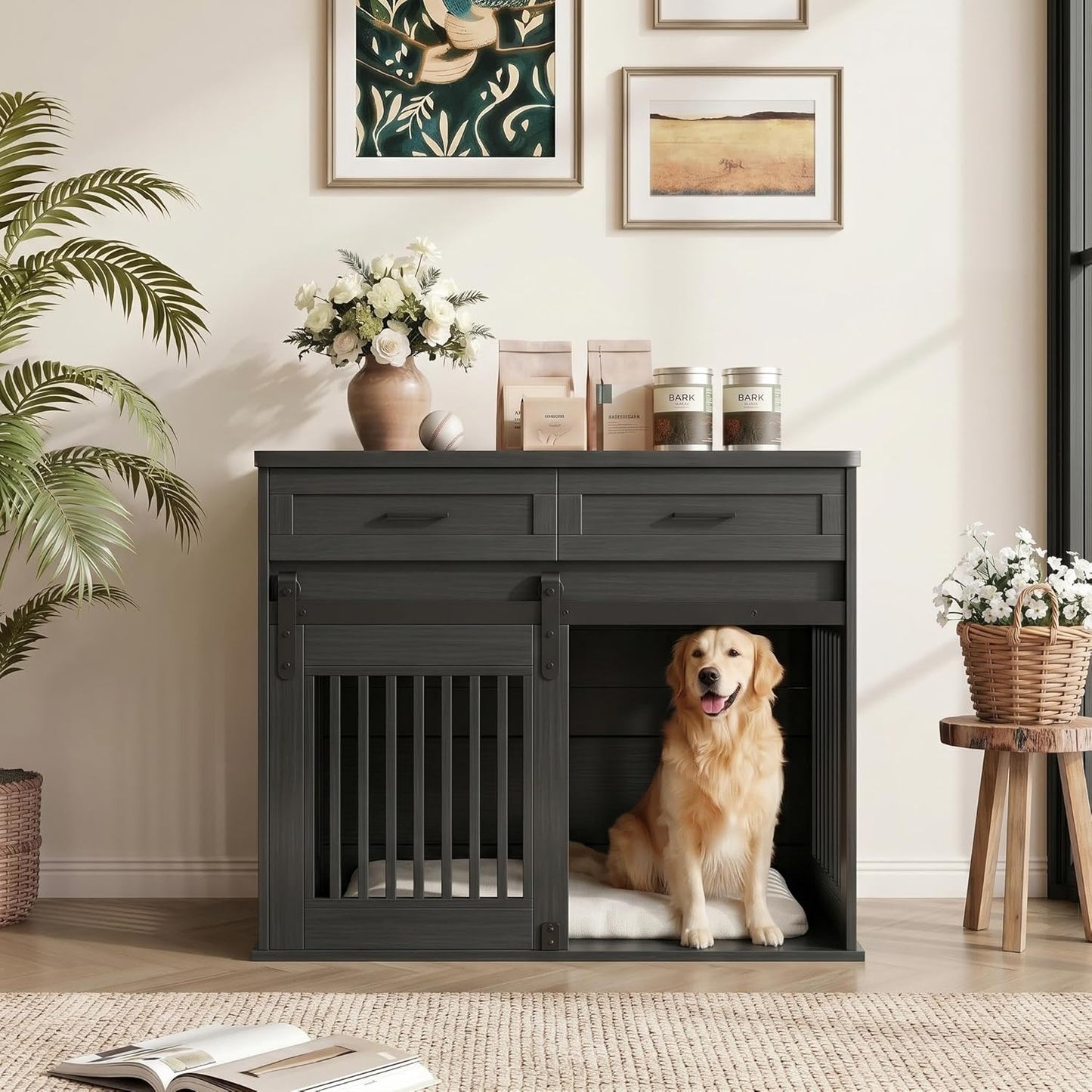 44.5" Large Dog Crate Furniture with 2 Storage Drawers,Heavy Duty Wooden Pet Kennel with Sliding Barn Door & Hook,Dog Kennel End Table TV Stand,Farmhouse Style Dog Crates for Medium/Large Dogs,Black