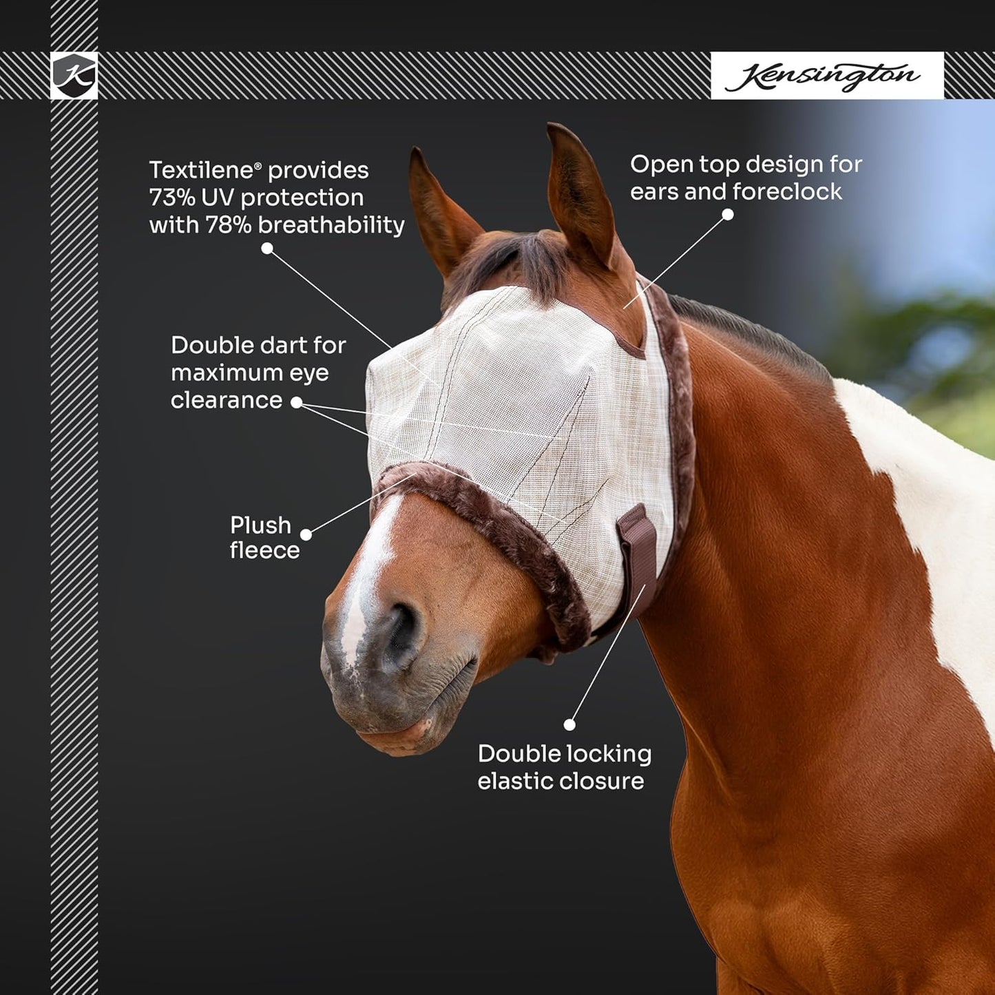 Kensington Fly Mask with Fleece Trim for Horses — Protects Face and Eyes from Flies and Sun Rays While Allowing Full Visibility — Breathable and Non Heat Transferring, Large, Lavender Mint
