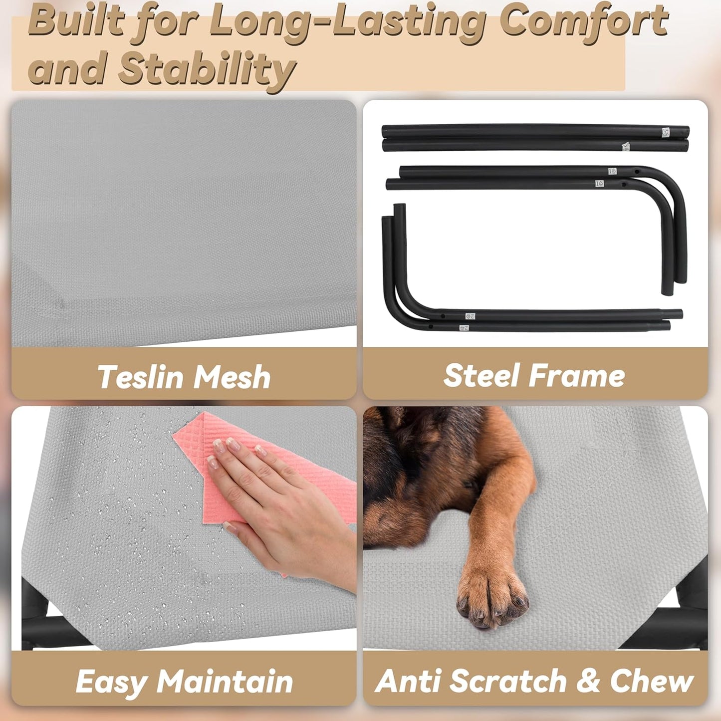 PHYEX Elevated Dog Bed for Large Dogs, Raised Dog Bed with Breathable Mesh, Non Slip, Easy to Clean, 50.5 Inches, Grey