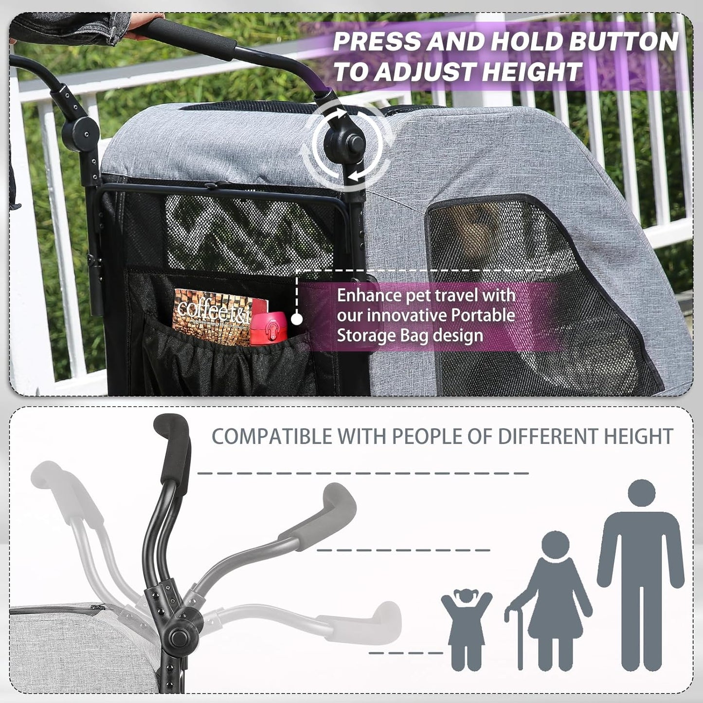 EchoSmile XL Extra Large Dog Stroller - Adjustable Handles,Lightweight Folding Pet Stroller,All-Terrain 4 Wheel for 2 Medium Dogs,Dual Entry Safety Dog Stroller,Capacity 160 lbs,Gray