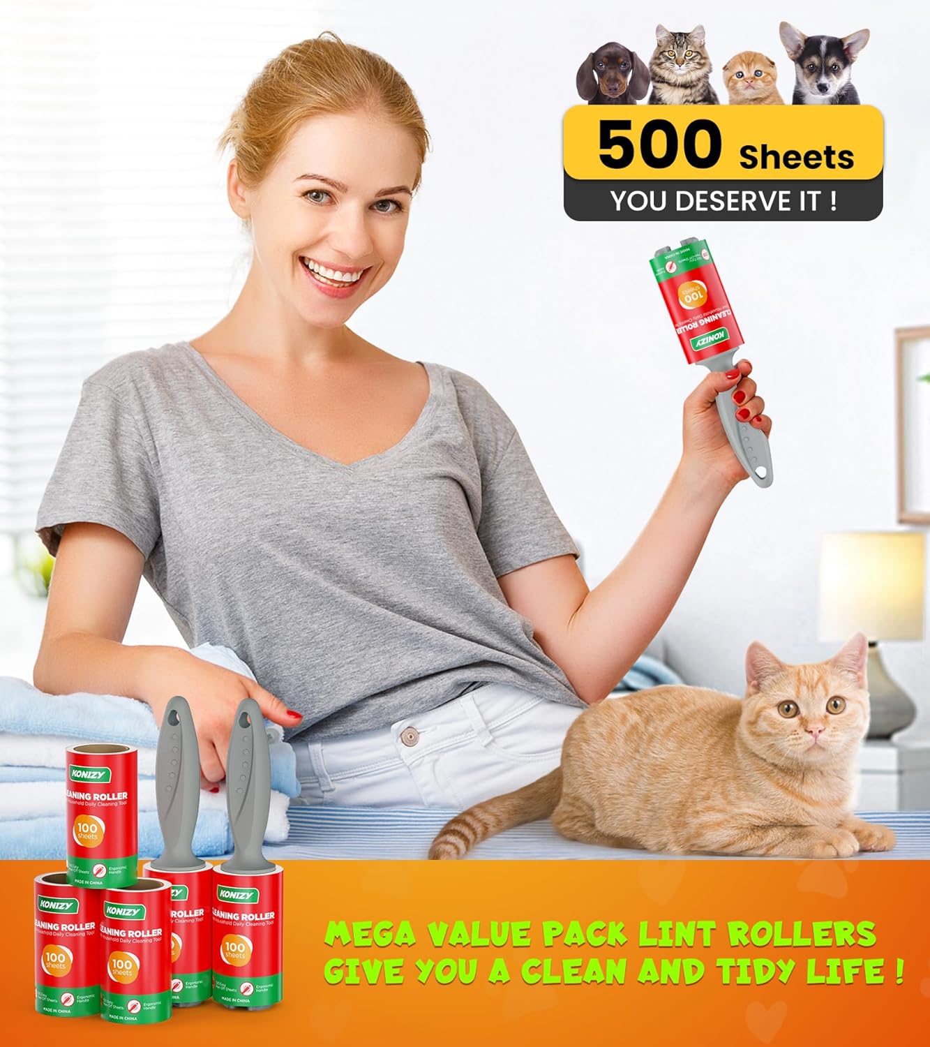 Lint Rollers for Pet Hair Extra Sticky, 500 Sheets Mega Value Set Roller with 2 Upgraded Handles, 5 Portable Lint Roller for Clothes, Furniture, Carpet, Dog & Cat Hair Remover