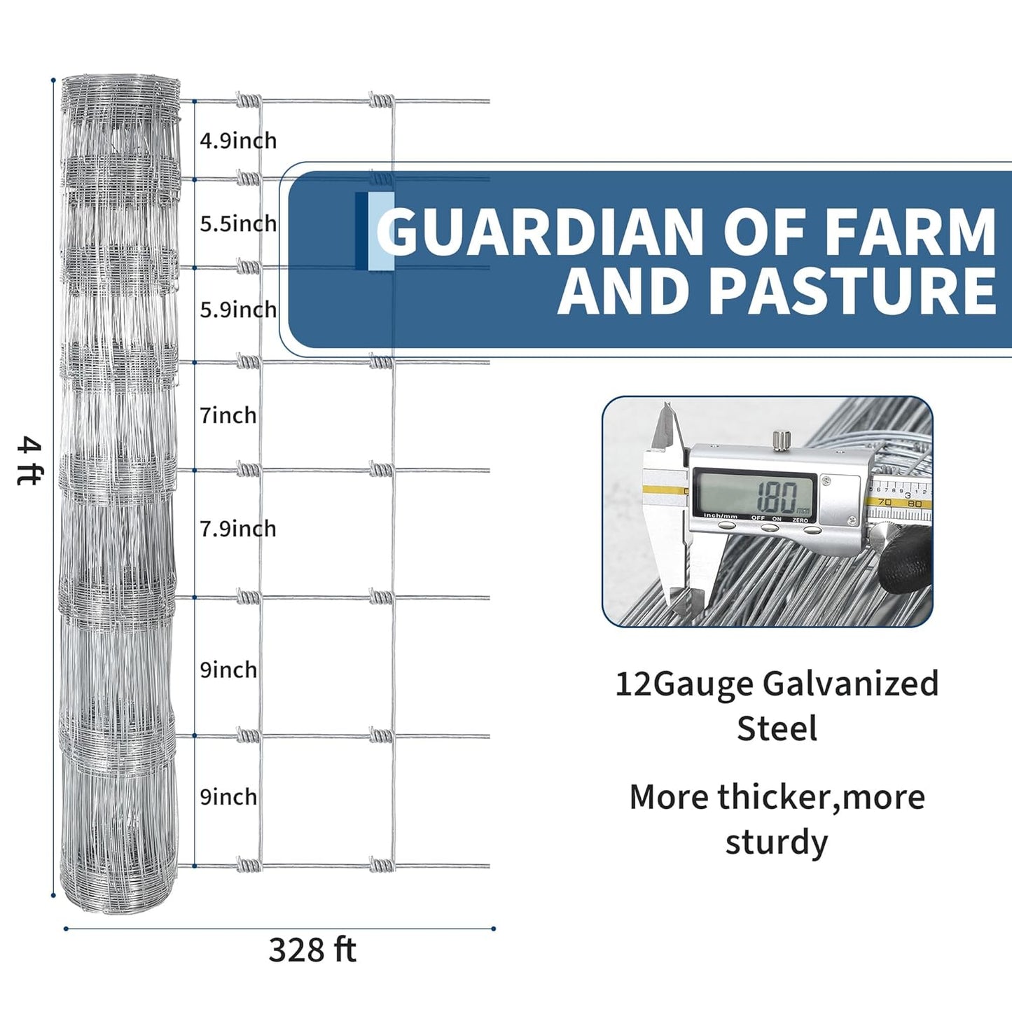 Livestock Fence, 4Ft x 328Ft Galvanized Wire Fencing, Cattle Farm Fence, Heavy Zinc Coated Deer Goat Cattle Fence for Farm Yard Livestock Protection