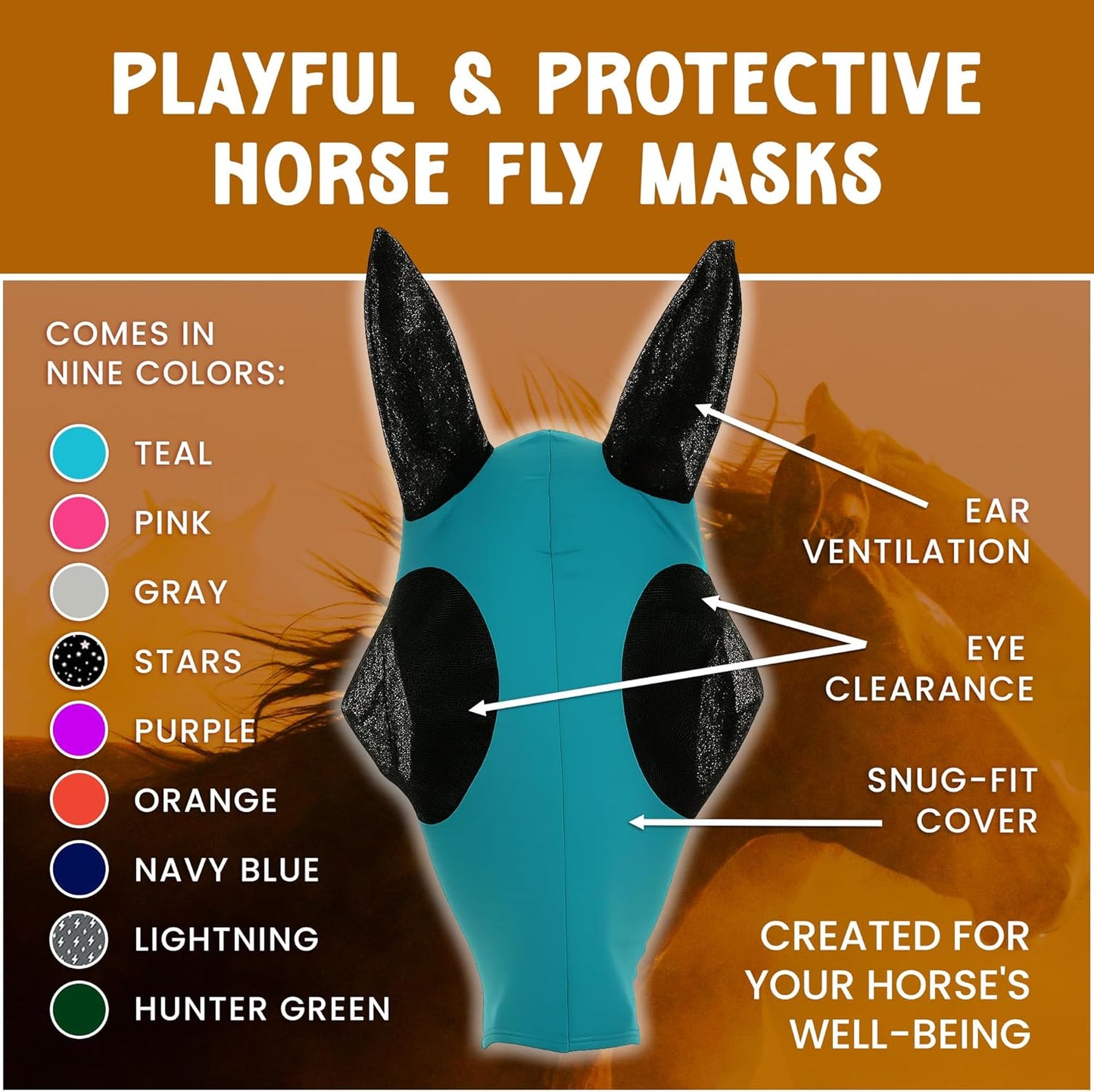 Horse Fly Mask - Arab Equine Fly Mask with Full Coverage for Eye & Ear - Stretchable, UV & Sun Protection Flymask for Horses, Ponies & Mini Horses - Horse Face Cover for Pasture & Trail - Green