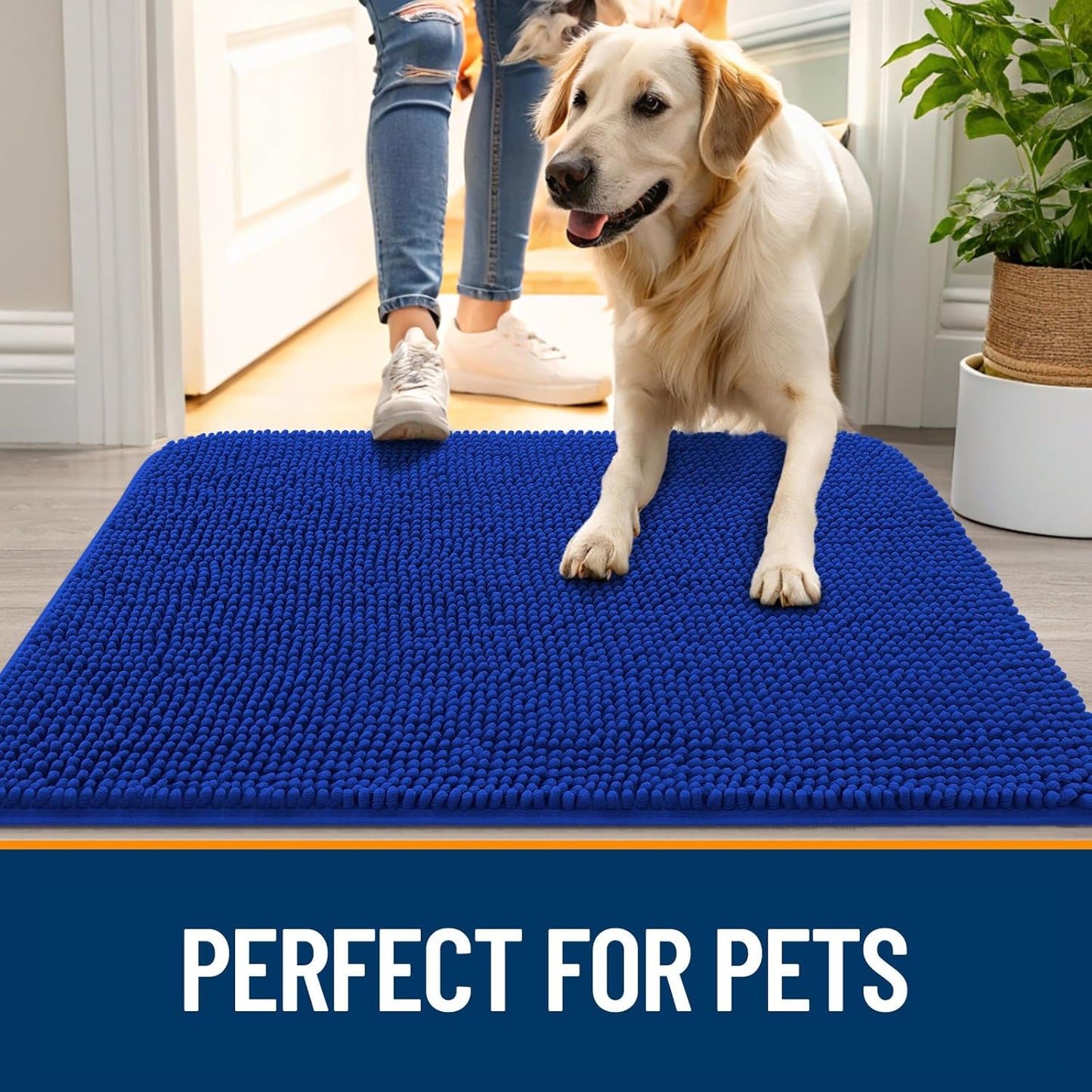 OLANLY Dog Door Mat for Muddy Paws 30x20, Absorbs Moisture and Dirt, Absorbent Non-Slip Washable Doormat, Quick Dry Chenille Mud Mat for Dogs, Entry Indoor Entryway Carpet for Inside Floor, Royal Blue