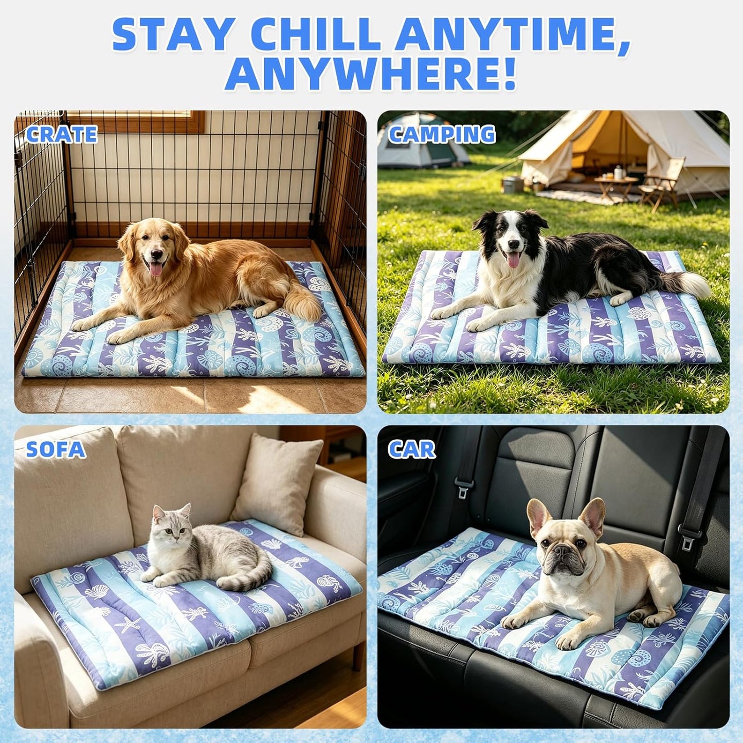 KOOLTAIL Dog Cooling Mat, Extra Thick Large Cooling Dog Bed for Summer Indoor/Outdoor, 48"*28" Reversible Washable Pet Pad with Chill Cool Fiber, Non-Toxic Portable Puppy Cat Blanket for Kennel, Blue