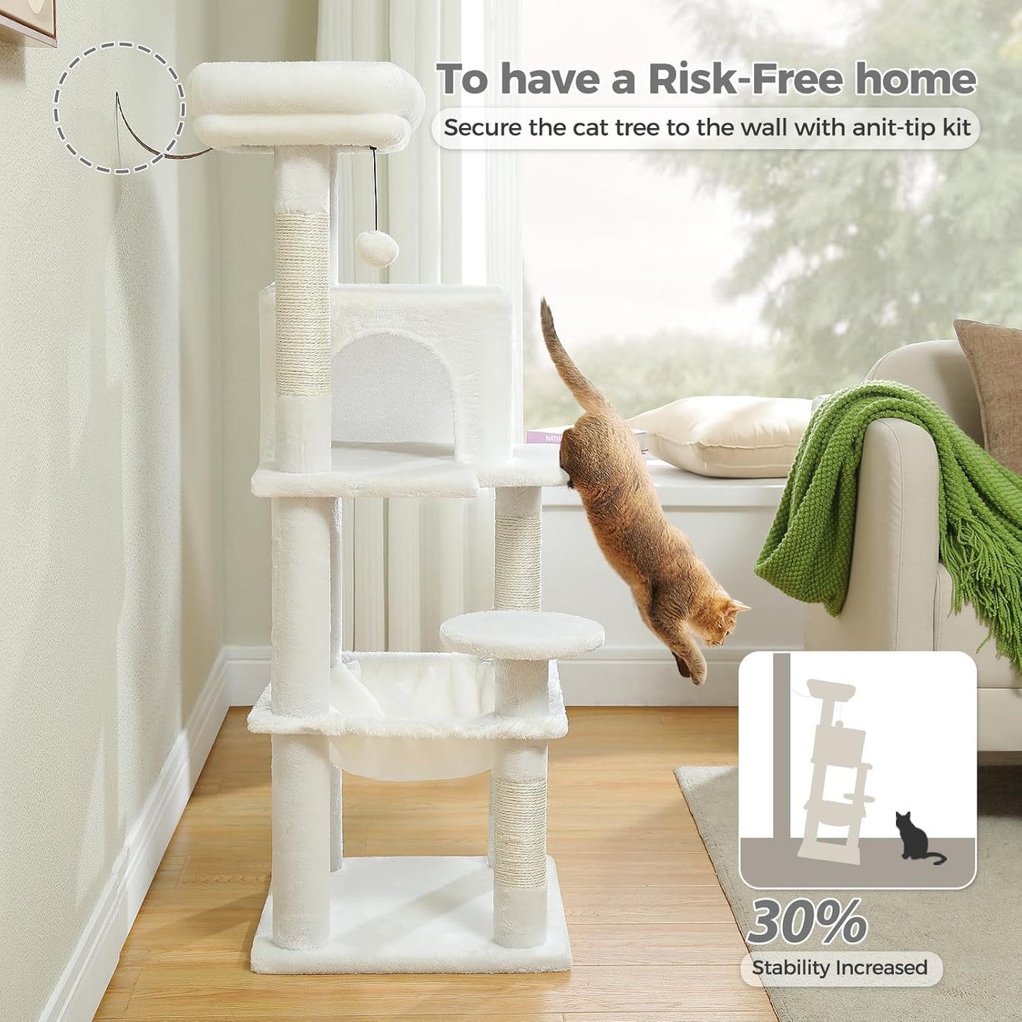 PETEPELA 45.7" Cat Tree for Large Cats, 5-Level Cat Tower for Indoor Cats with Large Hammock (17.3"x15.3"), Cat Condo with (18.5"x13") Big Top Perch & 4 Sisal Covered Scratching Post, White