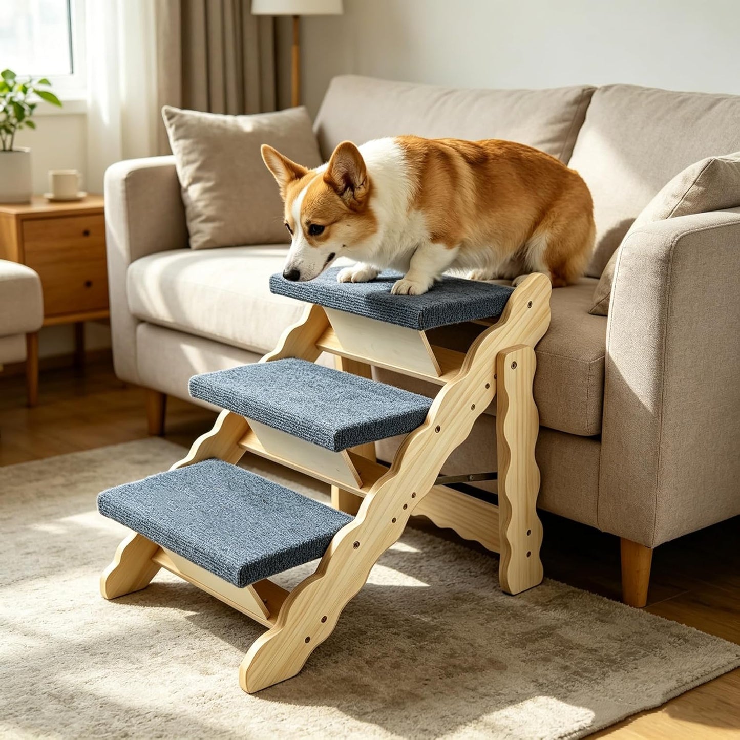 Wooden Dog Stairs, 2-in-1 Floded Flat Design Dog Steps for Beds Cars Couch, Anti-Slip Pet Ramp with 3 Steps, Indoor Pet Stairs for Small Medium Large Pet, up to 150 lbs