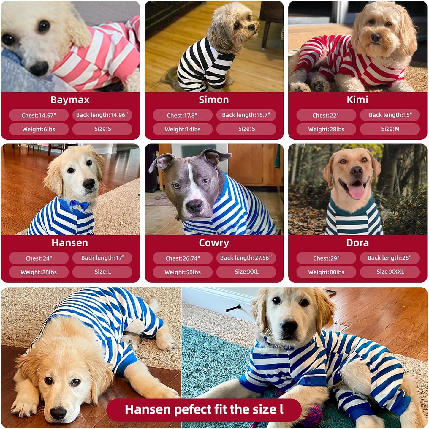 Dog Pajamas, Christmas Onesie PJS for Dog Boy Girl, Doggie Jumpsuit, Puppy Christmas Clothes for Pitbull Bulldog, Red and White Striped, M