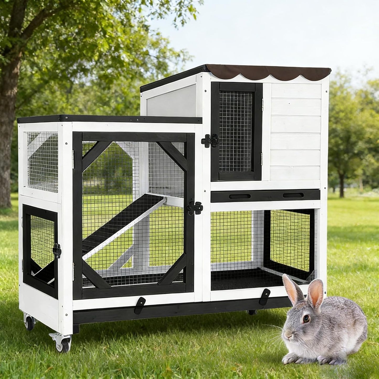 Rabbit Hutch Indoor Outdoor, 2-Story Bunny Cage with Wheels, Wooden Rabbit House with Leakproof Trays, Rain Cover, Guinea Pig Cages with Chew-Proof Ramp (White)