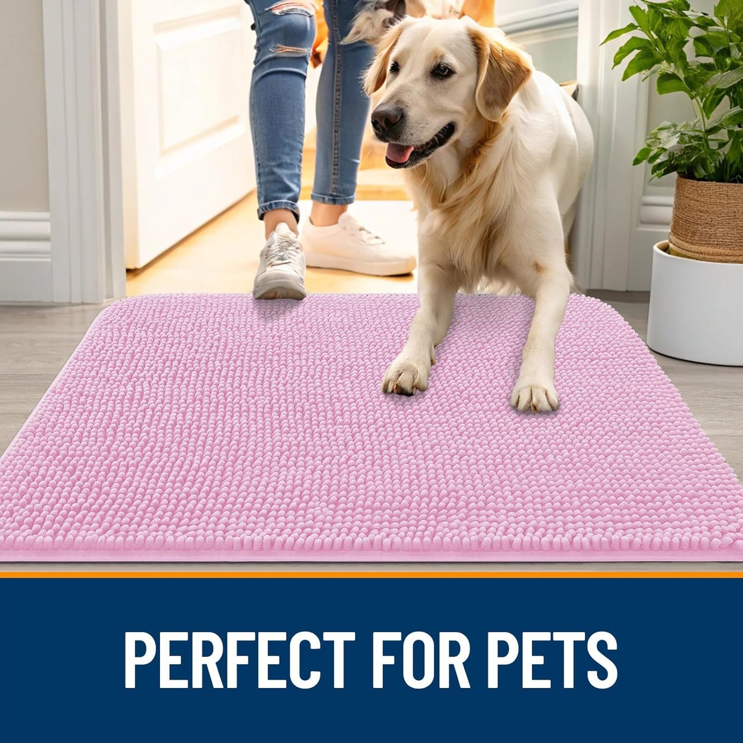 OLANLY Dog Door Mat for Muddy Paws 47x24, Absorbs Moisture and Dirt, Absorbent Non-Slip Washable Doormat, Quick Dry Chenille Mud Mat for Dogs, Entry Indoor Entryway Carpet for Inside Floor, Pink