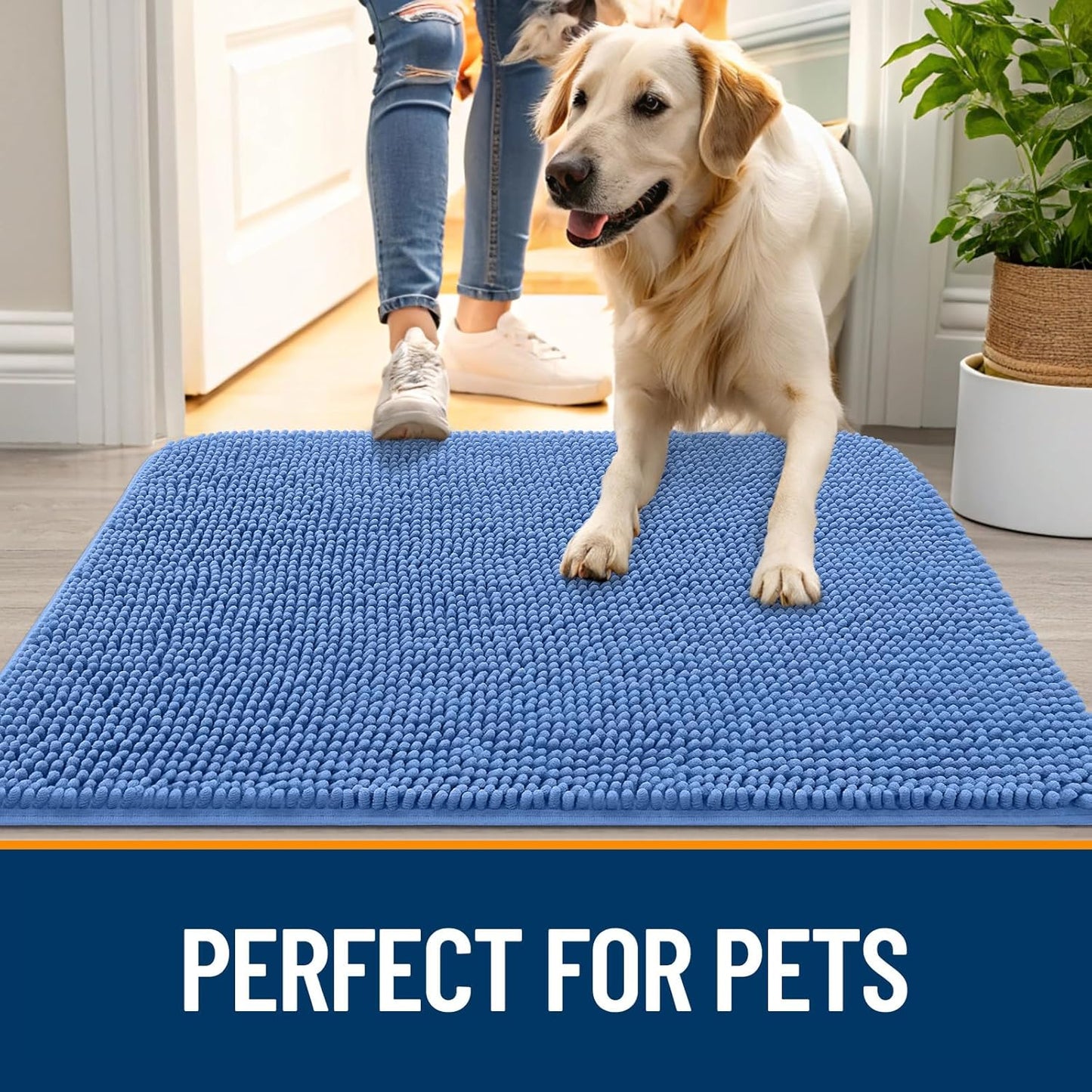 OLANLY Dog Door Mat for Muddy Paws 30x20, Absorbs Moisture and Dirt, Absorbent Non-Slip Washable Doormat, Quick Dry Chenille Mud Mat, Entry Indoor Entryway Carpet for Inside Floor, Cornflower Blue