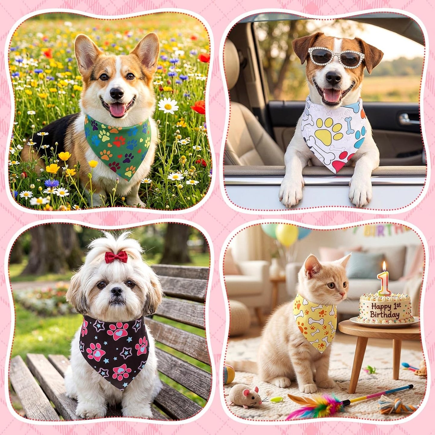 Hillban 72 Pcs Paw Dog Bandanas Bulk, Colorful Triangle Scarf Paw Pattern Pet Scarf Soft Cute Dogs Triangle Scarves Bone Dog Bandana Bibs for Pet Party Costume Photo Props, Small and Medium Pets