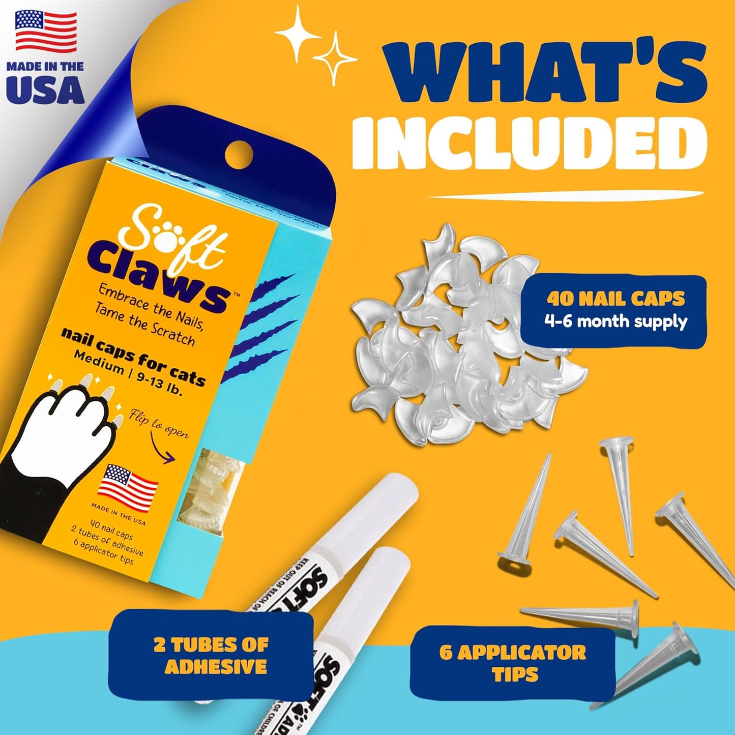 Soft Claws Cat Nail Caps for Medium Cats – (40 Caps, Sparkle Variety) - Made in USA - Veterinarian-Developed | Protects Furniture & Skin - Easy to Apply, Long-Lasting Anti-Scratch Soft Cat Claw Covers