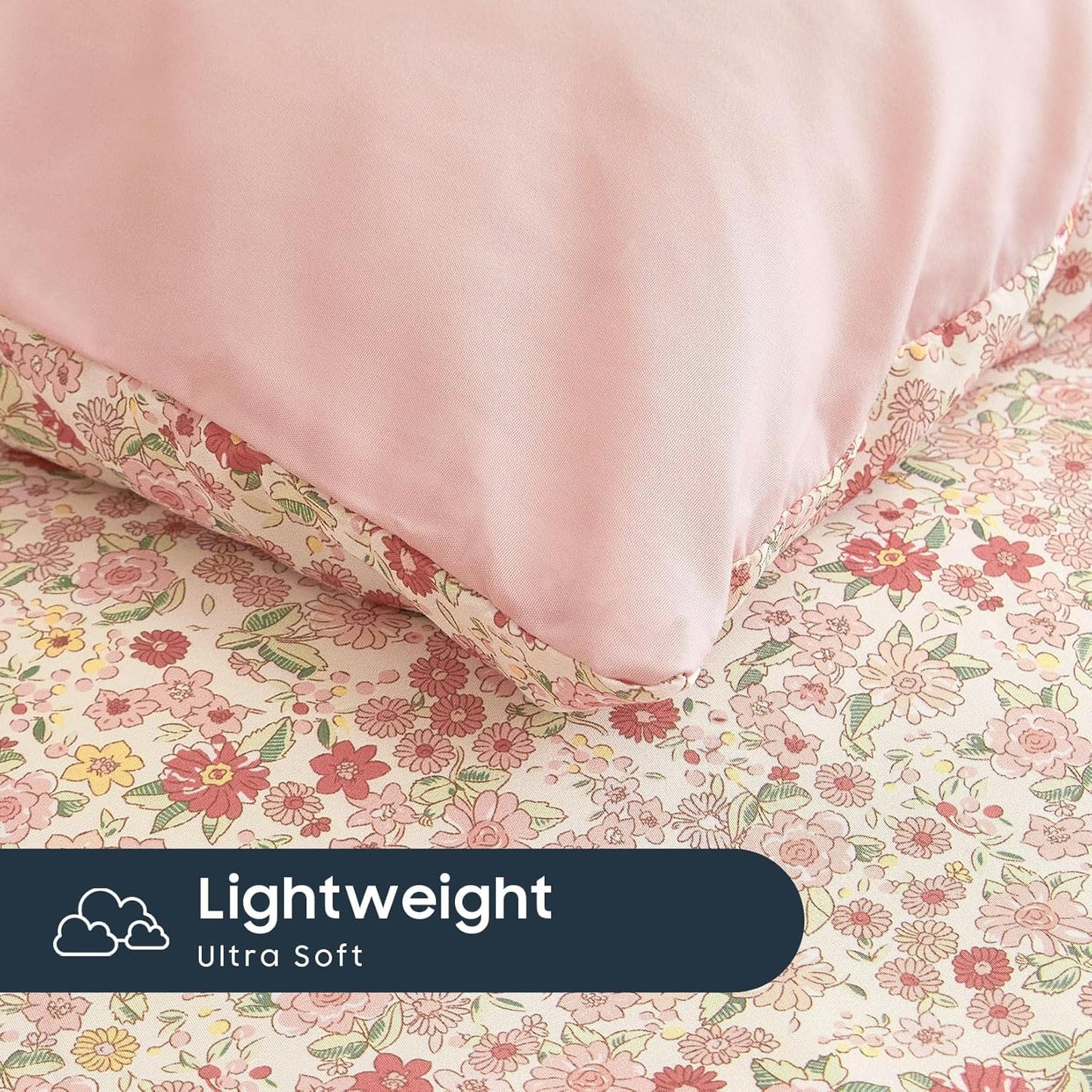 Wake In Cloud - Floral Comforter Set, Cute Vintage Flower Cottagecore Aesthetic for Women Teen Girls, Soft Lightweight Dorm Bedding, 3 Pieces, Cream Pink, Full Size