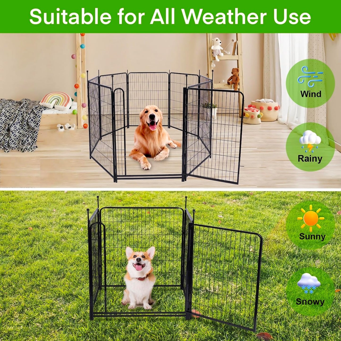 Tall Garden Fence and Borders,Wide Gate Low Threshold Fence Panels, 40in(H) 4 Panels Total 8.9 Ft(L) Animal Barrier Fence, Heavy Metal Dog Fence Outdoor for Yard