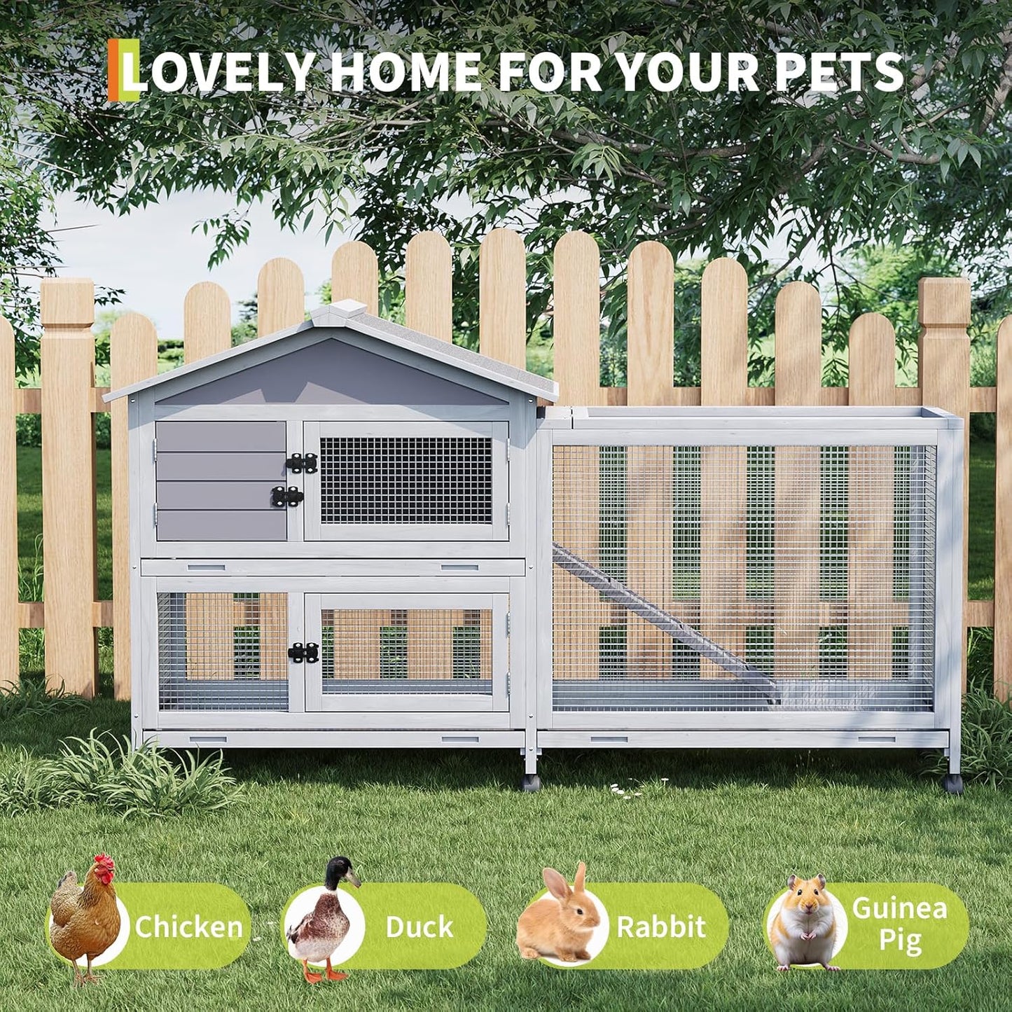 Rabbit Hutch 2-Tier, Small Wooden Chicken Coop with Wheels for Outdoor Use - Weatherproof Small Animal Hutch with Non-Slip Ramp, 4 Access Doors & Removable Tray for Rabbits, Guinea Pigs, Ferrets