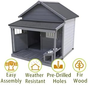 Large Outdoor Dog House, 44.2 x 44.6 x 44.6 inches, Weatherproof Wood Construction with Asphalt Roof, Covered Terrace, Gray(00004)