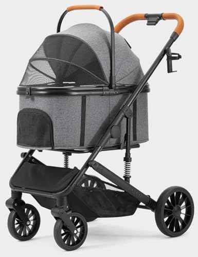 Dog Stroller for Small Medium Dogs Up to 60lbs, 4 Wheels Folding Pet Stroller with Detachable Carrier, Pet Travel Carrier for 2 Dogs & Cats, Storage Basket, Breathable, Grey