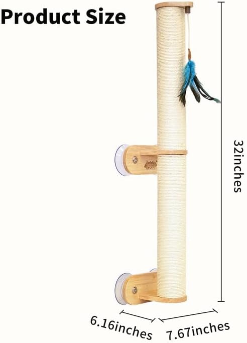 Lulu's World Cat Wall Scratcher,32" Tall No-Drill Wall Mounted Kitten Scratching Post, Cat Wall Furniture with 4 Suction Cups, Sturdy Sisal Climbing Tree Cat, Wall Shelves for Indoor Large Cats