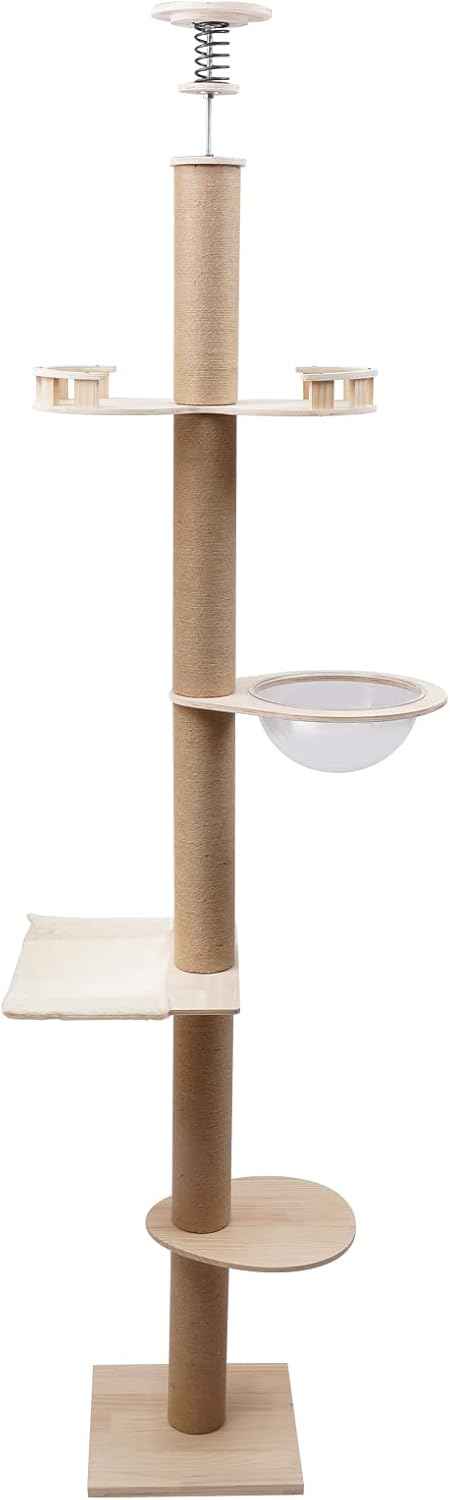 4 Tier Floor-to-Ceiling Cat Tree, Adjustable Height Cat Climbing Tower Set with Space Capsule, Hammock, Cats Scratching Post Climbing Shelves for Cats to Jump Scratch Sleep Play, 100.4-104.3inch H