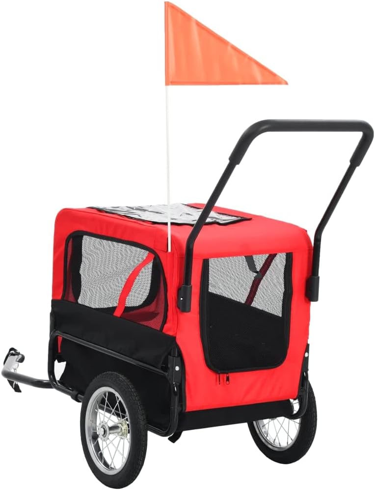 Dog Bike Trailer with Rain Cover for Medium and Large Dogs, Bike Pet Trailer with a Safety Flag, Folding Frame Carrier, Universal Bicycle Coupler, Red and Black(A)