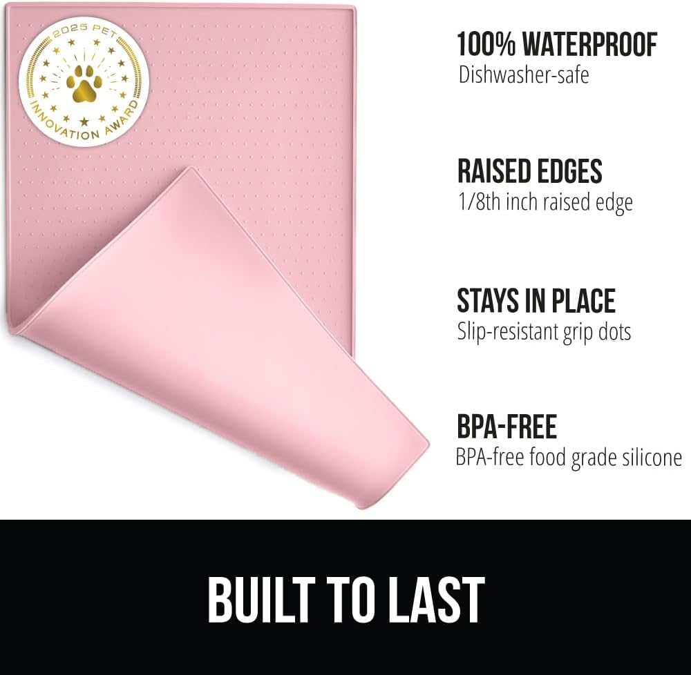 GORILLA GRIP 100% Waterproof Raised Edge BPA Free Silicone Pet Feeding Mat, Dog Cat Food Mats Contain Spills Protects Floors, Placemats for Cats and Dogs Water Bowl, Pets Accessories 28x18 Pink