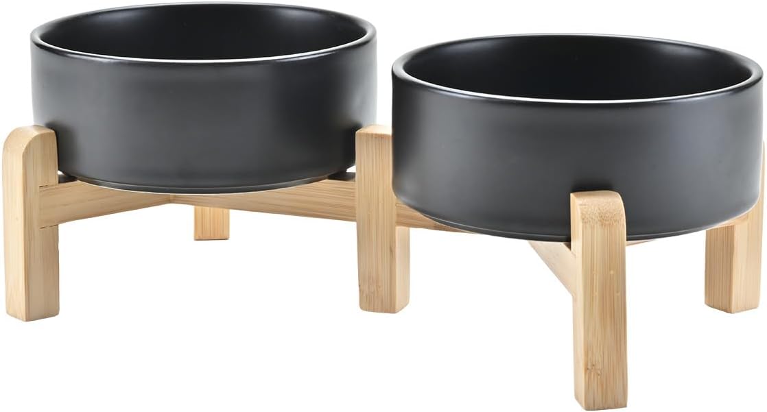 SPUNKYJUNKY Elevated Dog Bowls Ceramic, 5.1'' Dogs and Cat Food Water Bowls Raised with Non-Slip Bamboo Stand for Puppy Small Sized Breed Microwave Dishwasher Safe - 13.5 OZ,Black