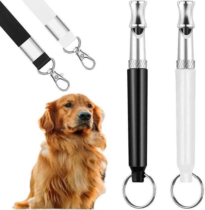 Dog Whistle to Stop Barking Neighbors Dog, Adjustable Ultrasonic Silent Dog Whistle, Professional Recall Dog Training Whistles, with Lanyard (Black and White) 2 Pack Dog Whistle.