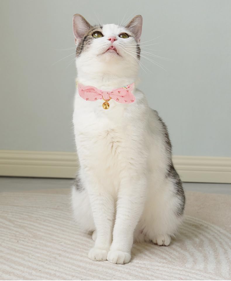2 Pack Breakaway Cotton Cat Collars with Cute Bunny Ear Bowtie and Bell, Pink Floral Female Kitten Collars