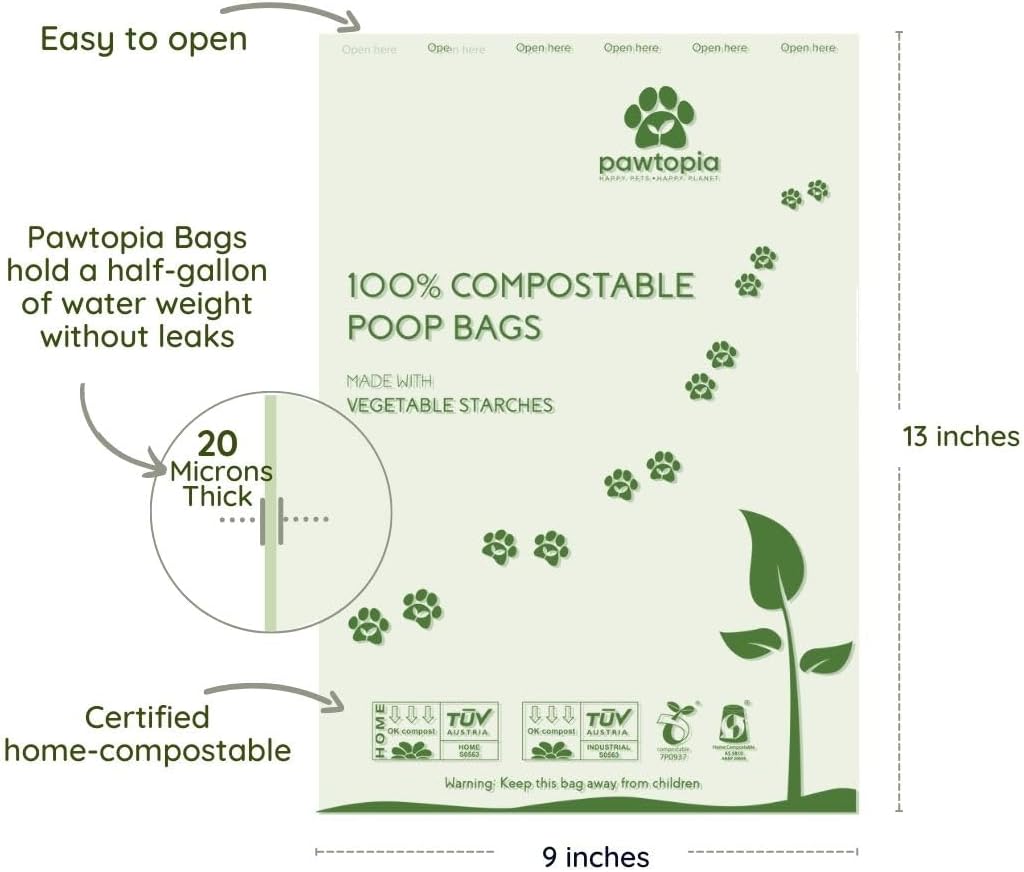 Pawtria Certified Home Compostable Dog Poop Bags (120) + Paper Dispenser, Biodegradable Poop Bags, Cat Litter, Vegetable Starches, Leak proof Dog Waste Bags, Easy to Open, Extra Thick