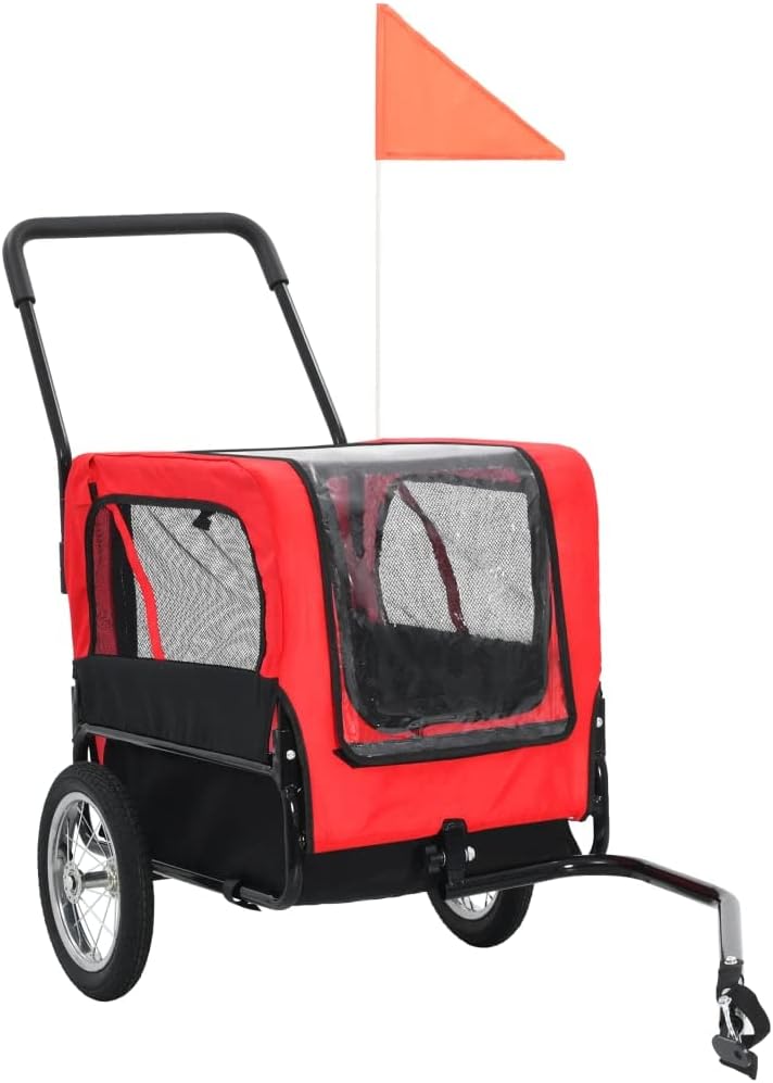 Dog Bike Trailer with Rain Cover for Medium and Large Dogs, Bike Pet Trailer with a Safety Flag, Folding Frame Carrier, Universal Bicycle Coupler, Red and Black(A)