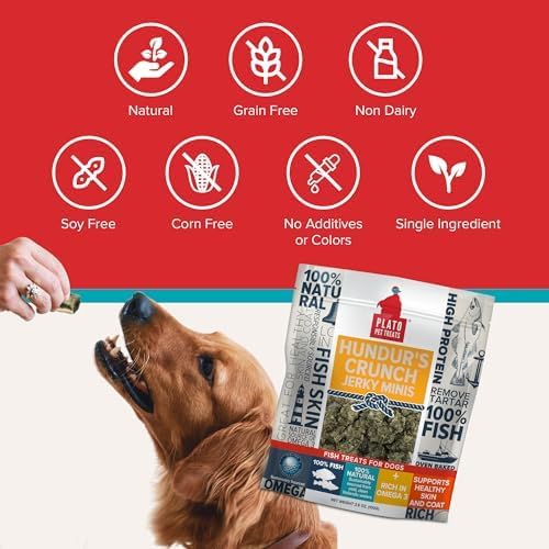 PLATO Pet Treats Fish Dog Treats - Air-Dried, Single Ingredient Dog Treat - with Omega 3 & 6 Fatty Acids to Support Skin and Coat - Cod Fish Skin - Hundur’s Crunch Jerky Mini - 10 oz - 2 Pack