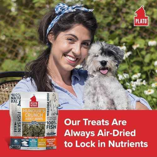 PLATO Pet Treats Fish Dog Treats - Air-Dried, Single Ingredient Dog Treat - with Omega 3 & 6 Fatty Acids to Support Skin and Coat - Cod Fish Skin - Hundur’s Crunch Jerky Mini - 10 oz - 2 Pack