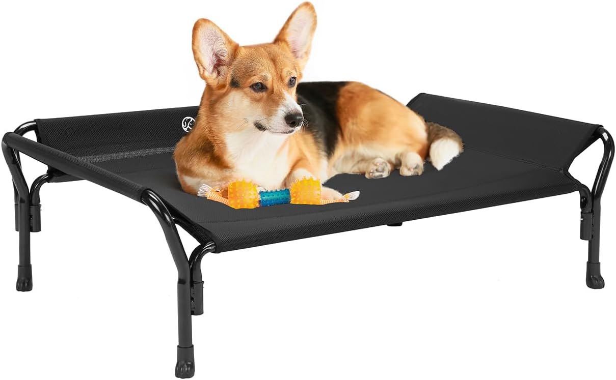 Veehoo Cooling Elevated Dog Bed, Raised Pet Cot with Guardrail & Slope Headrest, Durable Breathable Teslin Mesh, Non-Slip Feet, Washable Dog Couch Bed for Indoor & Outdoor, Medium 39.5" x 28", Black