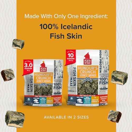PLATO Pet Treats Fish Dog Treats - Air-Dried, Single Ingredient Dog Treat - with Omega 3 & 6 Fatty Acids to Support Skin and Coat - Cod Fish Skin - Hundur’s Crunch Jerky Mini - 10 oz - 2 Pack