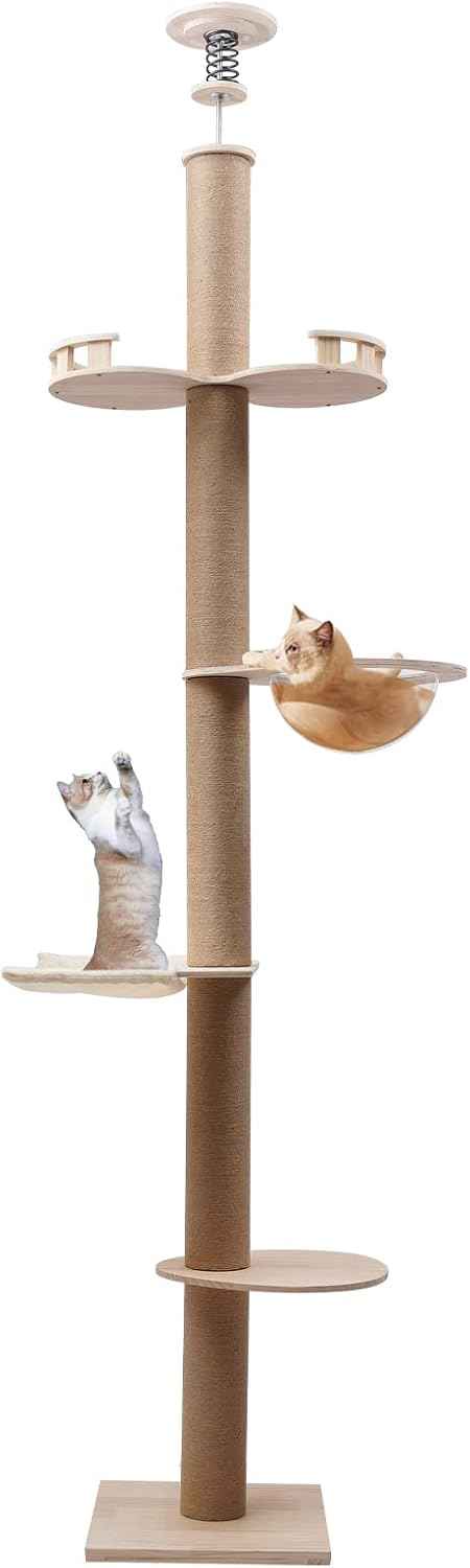 4 Tier Floor-to-Ceiling Cat Tree, Adjustable Height Cat Climbing Tower Set with Space Capsule, Hammock, Cats Scratching Post Climbing Shelves for Cats to Jump Scratch Sleep Play, 100.4-104.3inch H