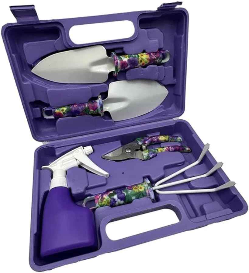 Garden Tool Set Floral Print Stainless Steel Heavy Duty Gardening Tools, Trowel Rake Weeder Pruner Shears Sprayer Gloves&Carrying Case, Ideal Gardening Gifts for Women Father(Purple 5-Piece Set)