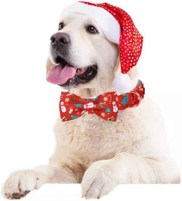 Lionet Paws Christmas Dog Collar with Bowtie, Dog Bowtie Collar with Metal Buckle for Dogs, Adjustable Comfortable Dog Collar Girl Boy Gift, M, Neck 13.5-22 in