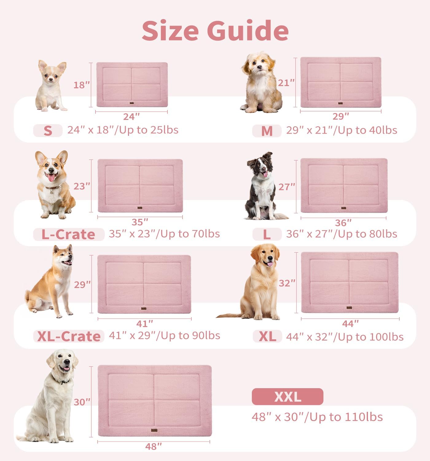 MADE 4 PETS Dog Crate Pad Bed for Medium Large Dogs, Washable & Reversible, Anti-Slip Kennel Mat for Cozy Sleeping, Soft Fluffy Dog Bed for Indoor & Outdoor Use, 35"x23", Pink