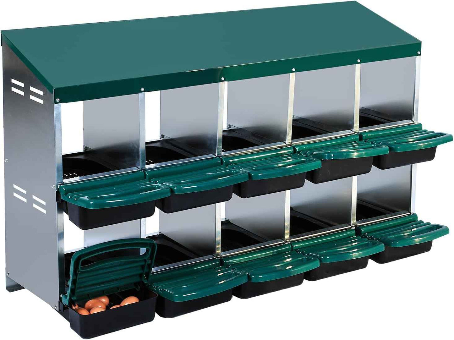 Garvee Chicken Nesting Boxes, 10 Hole Metal Chicken Laying Box with Removable Trays and Roll Out Egg Collection for Chicken Coop, Green