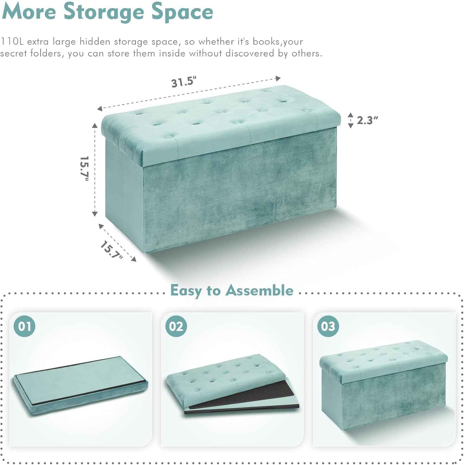 B FSOBEIIALEO Folding Storage Ottoman, Long Ottomans Shoes Bench, Velvet Storage Chest Footrest Seat 31.5"x15.7"x15.7" (Teal, Large)