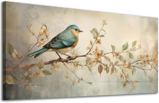 ADJUVANT Vintage Bird Wall Art 58" L x 29" W, Blue Yellow Bird on Flowering Branch Canvas Artwork Prints Painting Pictures Wall Decor for Livingroom Bedroom Home Office Shabby Chic Farmhouse